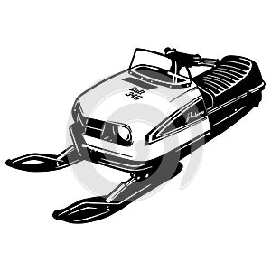 Snowmobile in black isolated on white background. Detailed vintage etching style drawing. photo