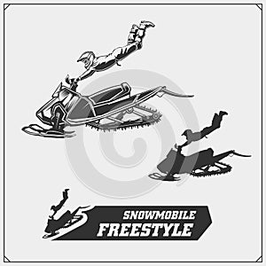 Snowmobile emblems, labels, badges and design elements. Snowmobile Freestyle. Print design for t-shirt and sport club emblems. photo