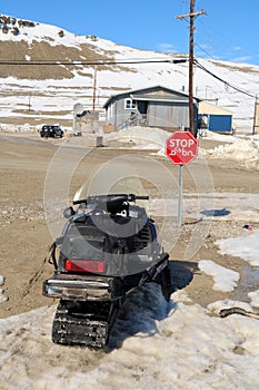 Snowmobile parked on the street at Resolute Bay, Nunavut, Canada