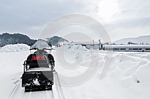 Snowmobile parking in the mountains ski resort