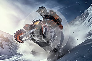 Snowmobile rider in high mountains. Extreme snowmobiling sport, Extreme rider jumping with a snowmobile on the snow, face covered