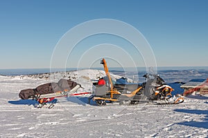 Snowmobile with stretcher mountain rescue service in front of Silesian House in krkonose mountains