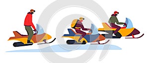 Snowmobile tour on winter snowy slopes on white photo