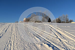 Snowmobile tracks in a field