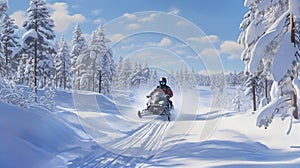 A snowmobiler races along a trail, surrounded by snow-covered trees