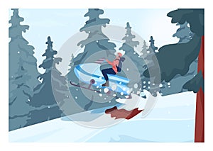 Snowmobiling. Character in outwear and helmet driving snowmobile