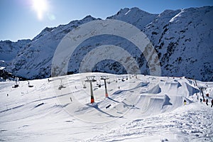 Snowpark in St.Anton am Arlberg on a sunny day