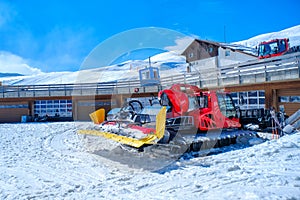 Snowplow Truck Remove the Snow in high mountain in Jungfraujoch at Switzerland