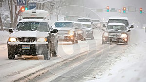 Snowplows battle against the accumulating snowfall.