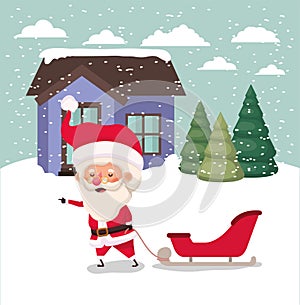Snowscape with cute house and santa claus scene