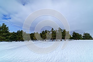 Snowscape on the mountain of Madrid with sun, blue sky and high mountain. Spain