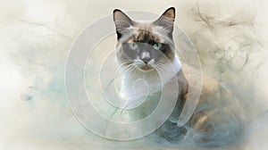 The Snowshoe cat emerges from a gentle haze of light green smoke, showcasing distinctive markings