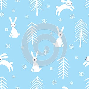 Snowshoe hare childish seamless vector pattern with rabbit in the snow forest. Bunny tree background for children. Scandinavian