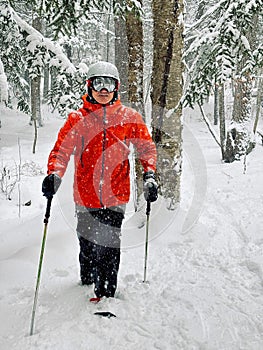 Snowshoeing in a Canadian forest during a snow squall