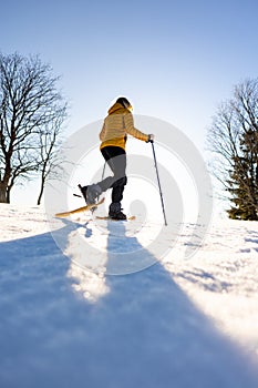 Snowshoeing in winter in deep snow