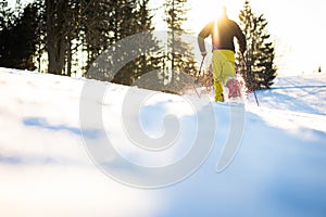 Snowshoeing in winter in deep snow