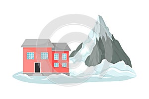 Snowslide Approaching Residential House Standing Nearby Vector Illustration