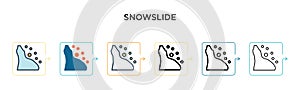 Snowslide vector icon in 6 different modern styles. Black, two colored snowslide icons designed in filled, outline, line and