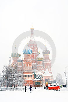 Snowstorm in Moscow. Red Square and Saint Basils Church.