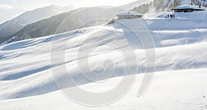 Snowstorm in the mountains at winter time. Mountains of Trentino Alto Adige, South Tyrol