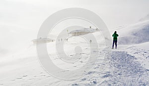 Snowstorm in the mountains at winter time. Mountains of Trentino Alto Adige, South Tyrol