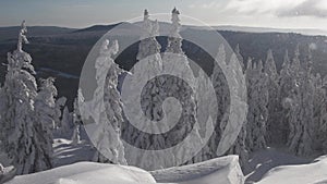 Snowstorm on mountainside on sunny day