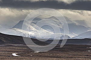 Snowstorm over the Cairngorm Mountains from Dava Moor in Scotland.