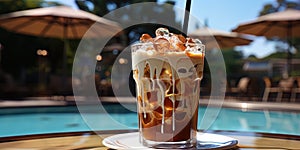 The snowwhite frapp with caramel and chocolate, against the backdrop of a cool pool, invites you t