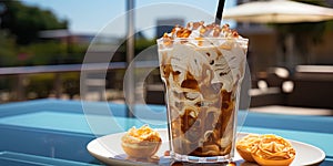 The snowwhite frapp with caramel and chocolate, against the backdrop of a cool pool, invites you t