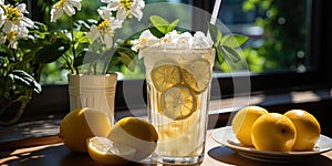 Snowwhite lemonade in high glass, decorated with slices of lemon, against the background of a brig