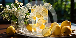 Snowwhite lemonade in high glass, decorated with slices of lemon, against the background of a brig