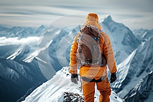 Snowy adventure Man conquers icy peaks in a winter climbing