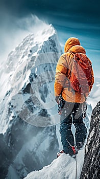 Snowy adventure Man conquers icy peaks in a winter climbing photo