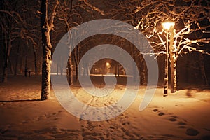 Snowy alley of city illuminated park