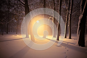 Snowy alley of city illuminated park