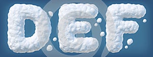 Snowy alphabet with letters D, E, F. Lettes made of snow. Winter font isolated on blue background