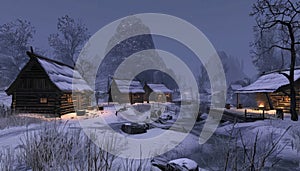 Snowy alpine village in late evening winter with a stream flowing through the tranquil scenery.
