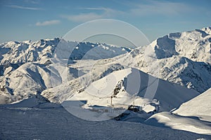 Snowy alps mountains in Europe.. French alps in winter, Les deux alpes Rhone Alpes in France Europe