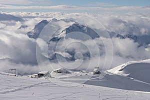 Snowy alps mountains in Europe.. French alps in winter, Les deux alpes Rhone Alpes in France Europe