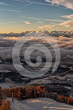 Snowy Austrian Mountain Range Ski Lift Copy Space Resort Landscape Clouds Snow Caps