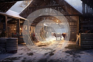 snowy barn with open doors revealing feed area