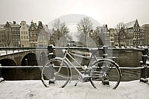 Snowy bike in Amsterdam the Netherlands