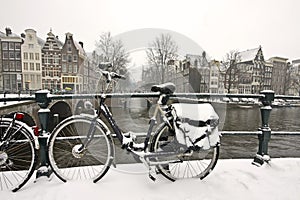 Snowy bike in Amsterdam the Netherlands