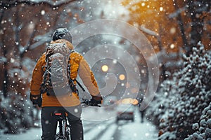 Snowy bike ride Cyclist commuting through a winter wonderland city