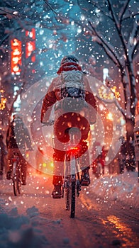 Snowy bike ride Cyclist commuting through a winter wonderland city