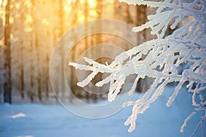 Snowy birch tree branch against blurred winter forest