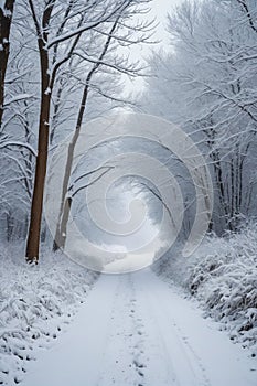 Snowy blizzard on a countrside path in a winter time