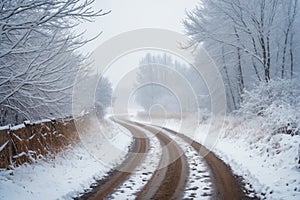 Snowy blizzard on a countrside path in a winter time