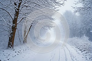 Snowy blizzard on a countrside path in a winter time