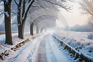 Snowy blizzard on a countrside path in a winter time